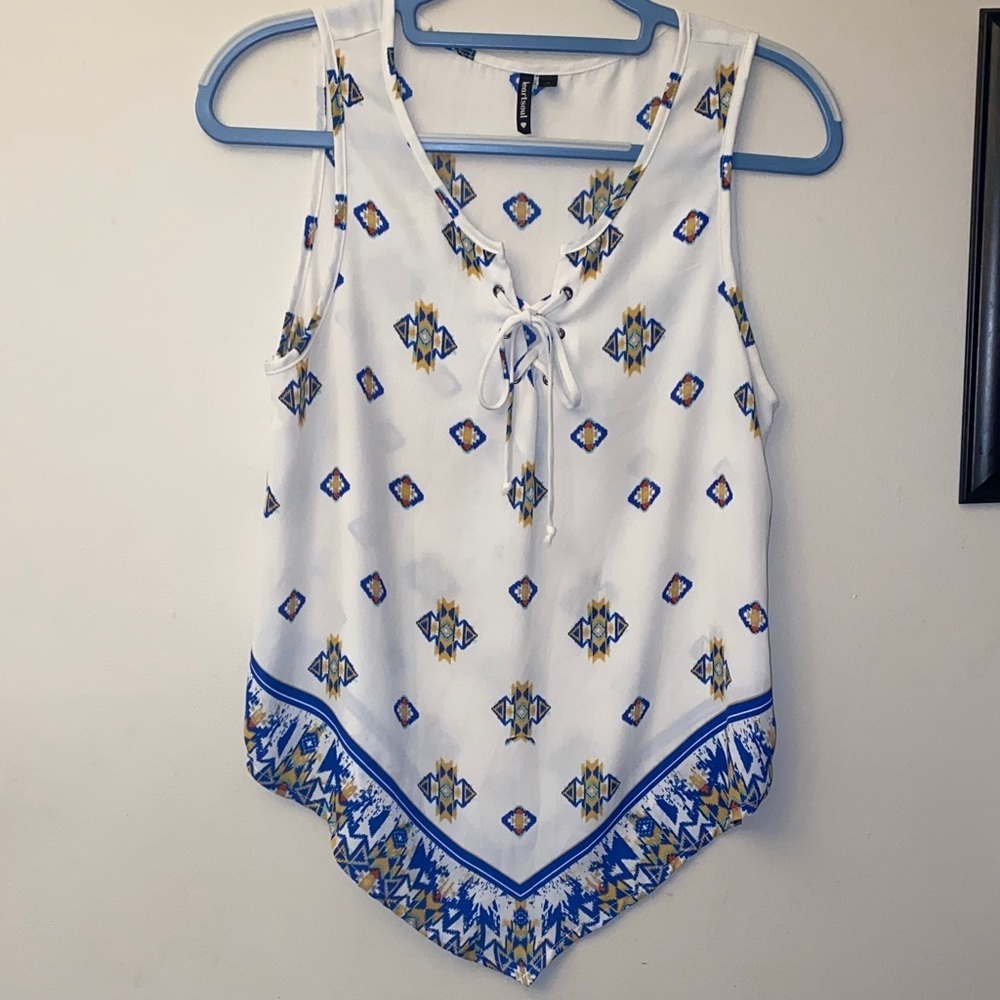HeartSoul Aztec White Tank Top Blouse with Blue and Yellow Accents
